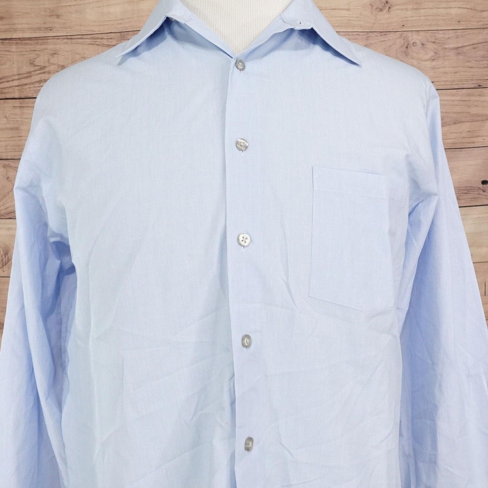 Van Heusen Dress Shirt Mens 17 32/33 XL Regular Fit Blue Stripe Wrinkle Free